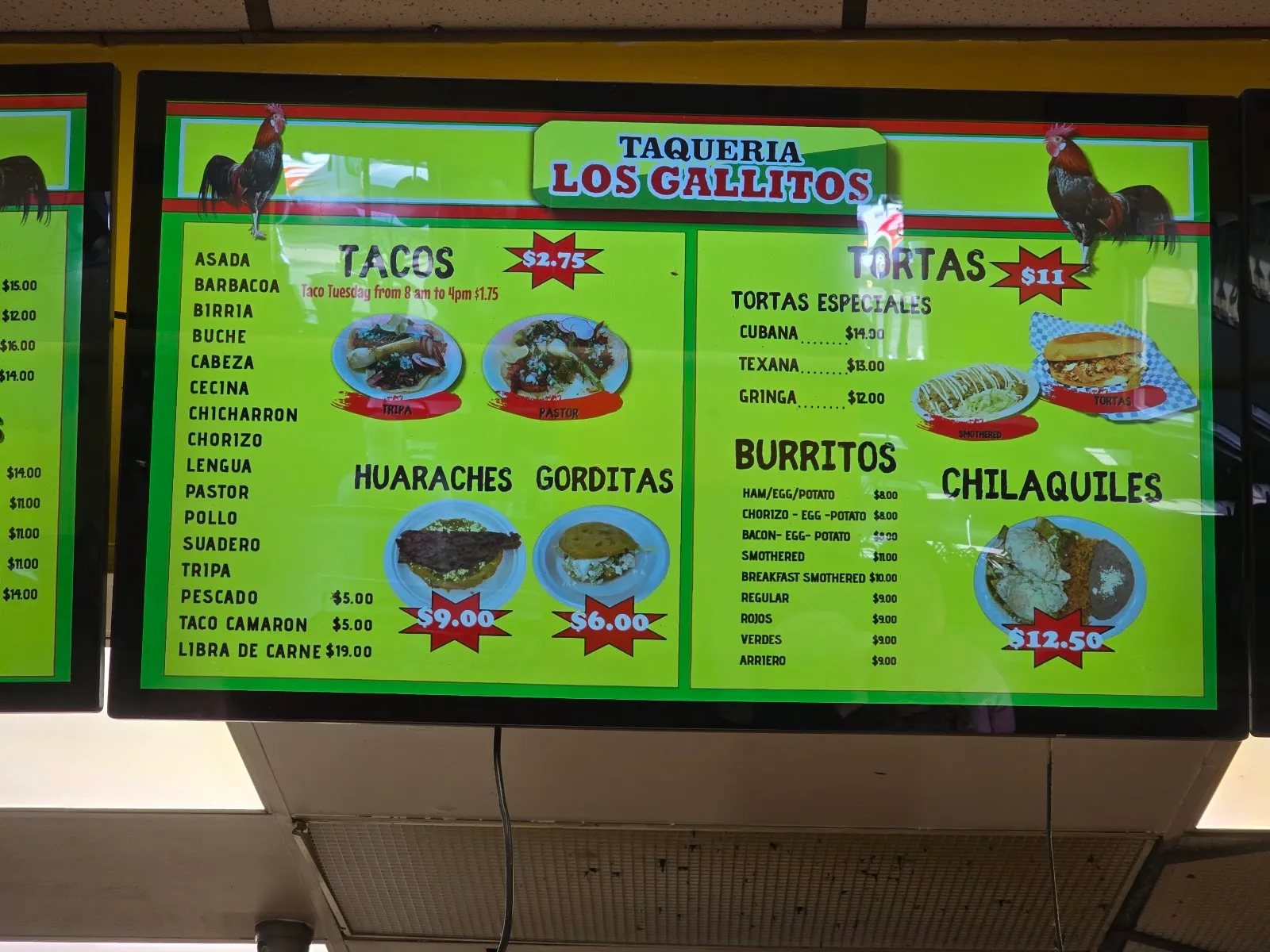 The overhead menu board at Los Gallitos listing tacos, huaraches, gorditas, tortas, burritos, and chilaquiles